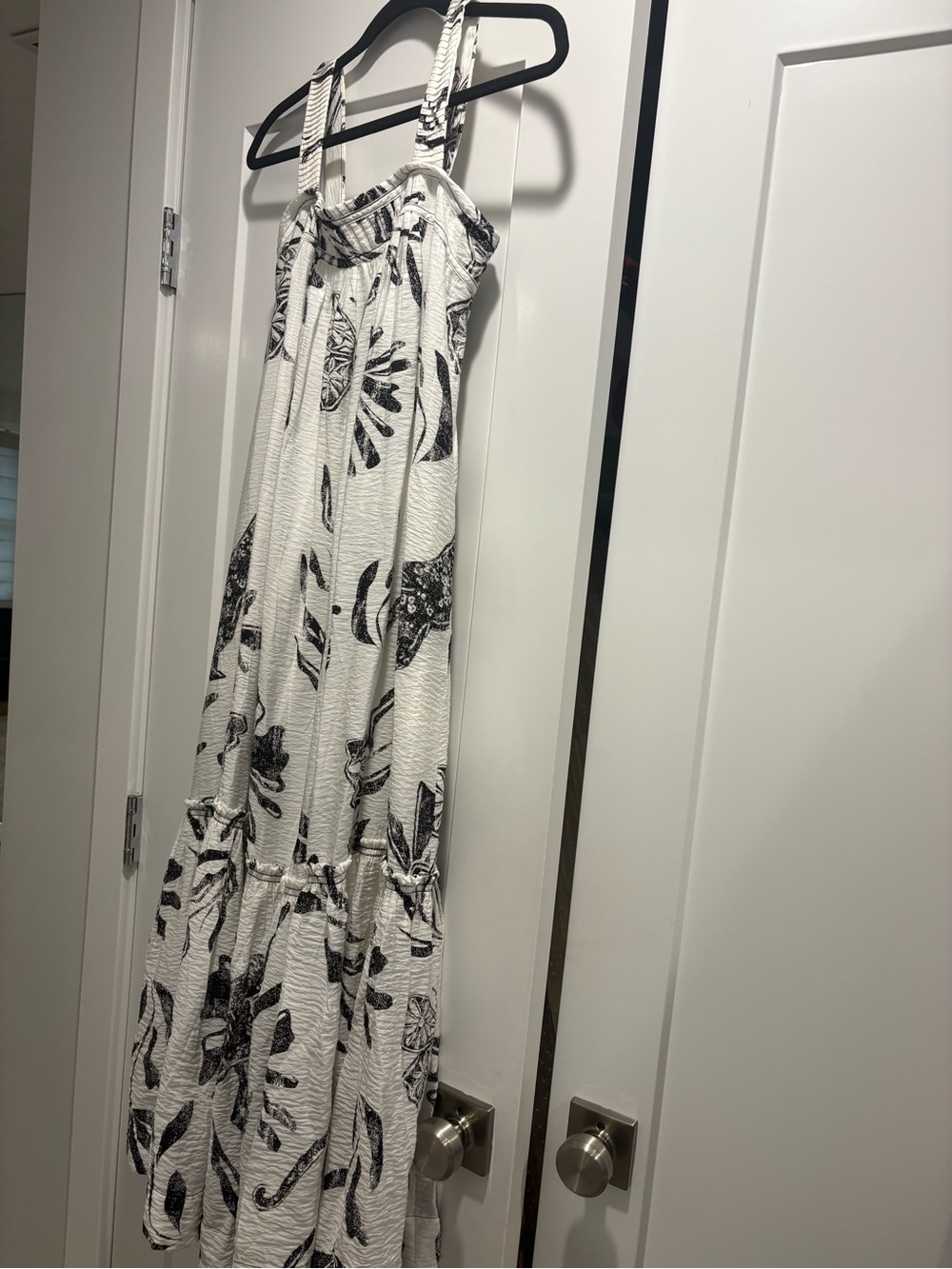 Anthropologie White and Black Printed Smocked-Neck Dress